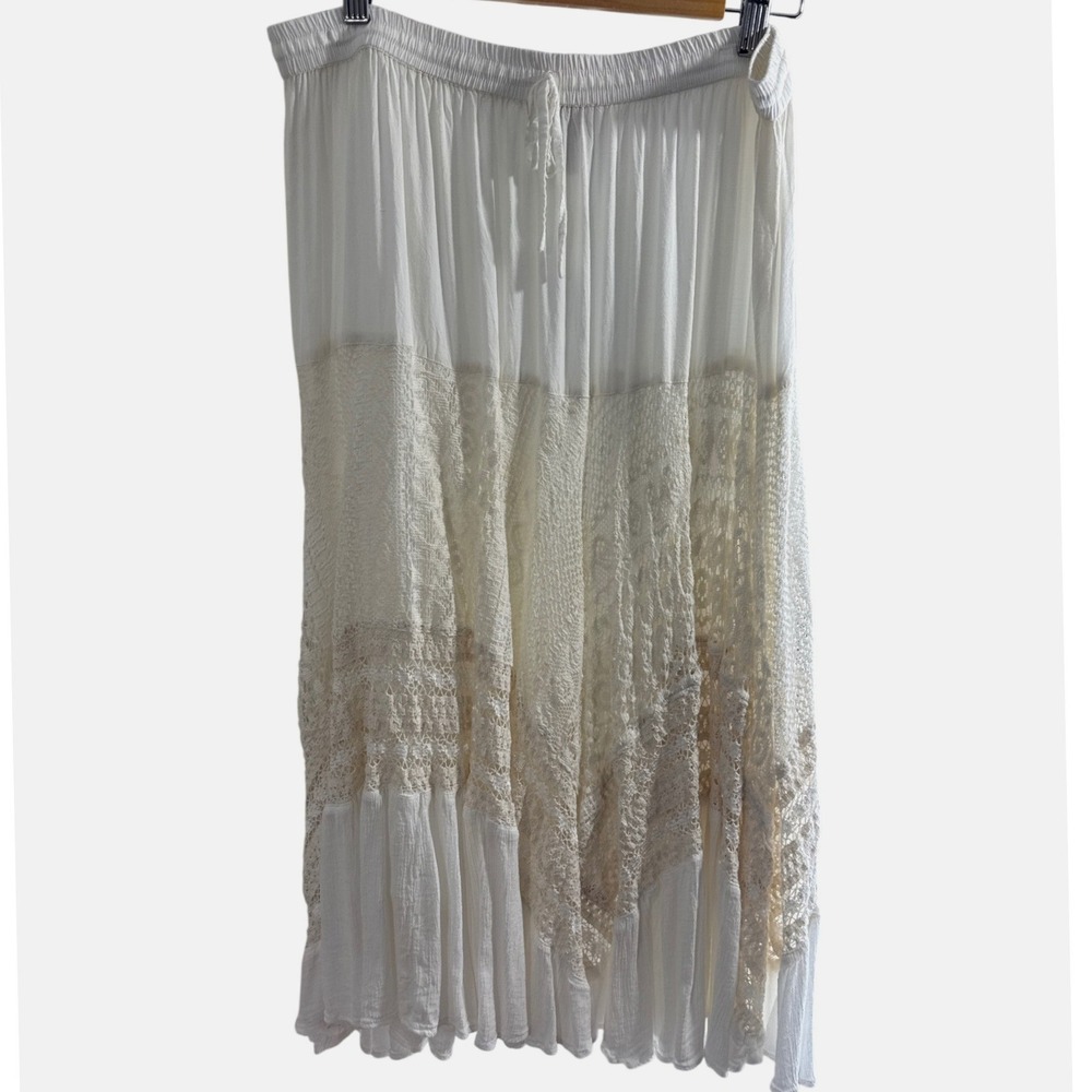 Just Cruisin Women Ivory Boho Lace Tiered Rayon Midi Skirt Free Size